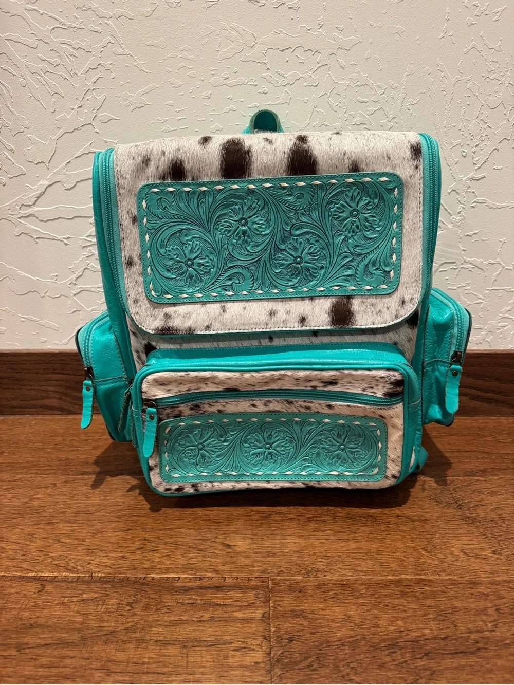 Western Linens Turquoise Cowhide Tooled Leather Backpack NWOT